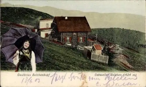 Ak Guebwiller Gebweiler Elsass Haut Rhin, Gasthaus Belchenkopf, Elsässerin