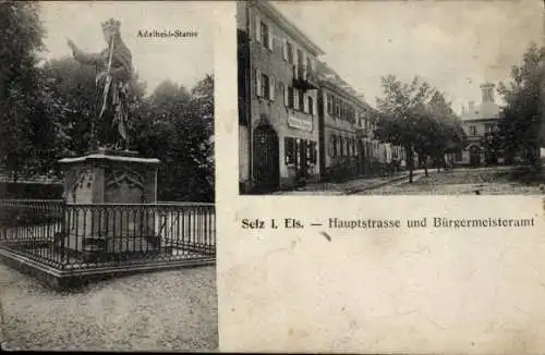Ak Seltz Selz Elsass Bas Rhin, Hauptstraße, Bürgermeisteramt, Adelheid-Statue