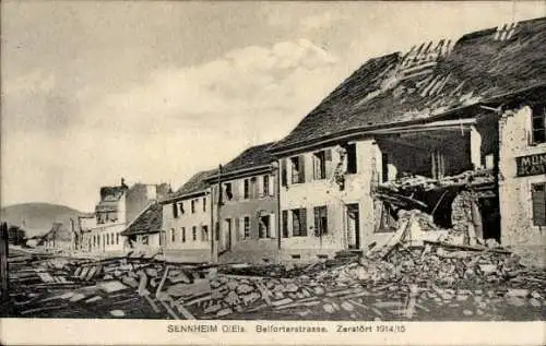 Ak Cernay Sennheim Elsass Haut Rhin, Belforterstraße, Kriegszerstörungen, I. WK