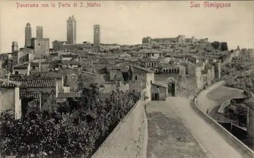 Ak San Gimignano Toskana Italien, Panorama con la Porta di S. Matteo