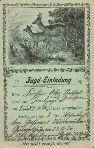 Ak Jagd-Einladung für Förster Otto 1926, Treibjagd, Rehe