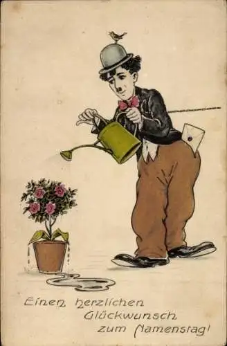 Ak Glückwunsch Namenstag, Schauspieler Charlie Chaplin gießt Blumen