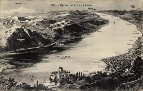Ak Chillon Lac Léman Kt. Waadt Schweiz, Landkarte