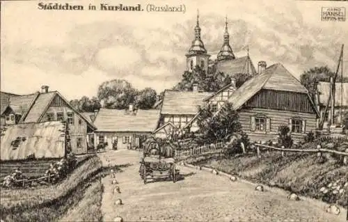Künstler Ak Hänsel, Arno, Kurland Russland, Dorfstraße, Kirche