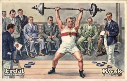 Sammelbild Erdal-Kwak-Serienbild, Marke Rotfrosch, Bohnerwachs, Gewichtheben, Schwergewicht