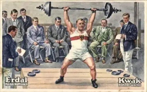 Sammelbild Erdal-Kwak-Serienbild, Marke Rotfrosch, Bohnerwachs, Gewichtheben, Schwergewicht