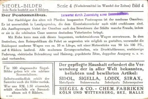 Sammelbild Siegel-Bilder Verkehrsmittel im Wandel der Zeiten, Der Postomnibus