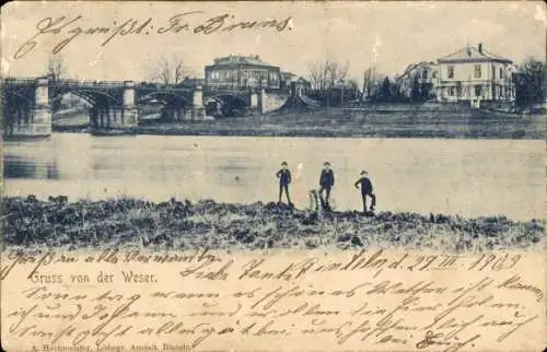 Ak Rinteln an der Weser, Teilansicht, Brücke