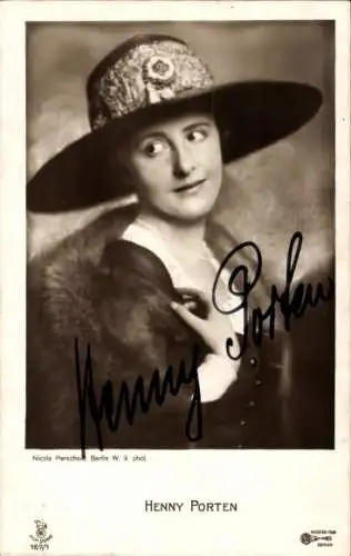 Ak Schauspielerin Henny Porten, Portrait, Autogramm, Hut