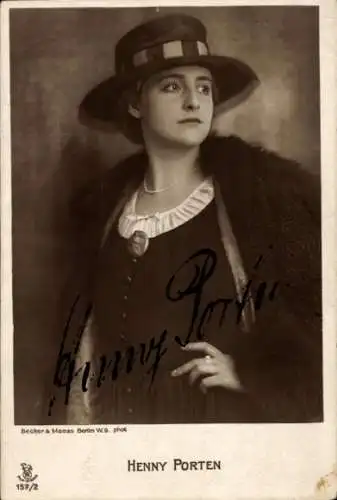 Ak Schauspielerin Henny Porten, Portrait, Autogramm, Hut