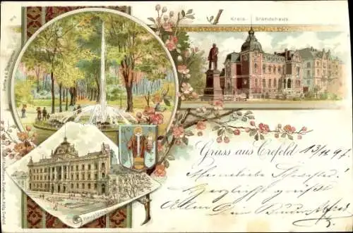 Litho Krefeld am Niederrhein, Kreis-Ständehaus, Hauptpost, Stadtgarten, Wappen