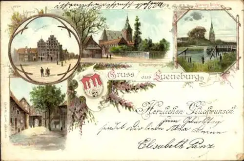 Litho Lüneburg in Niedersachsen, Brücke, Sand, Klostergang, Roter Hahn, Wappen
