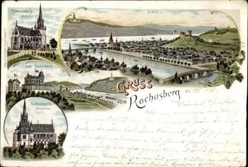 Litho Bingen am Rhein, Hotel Rochusberg, Rochuskapelle, Stadtpanorama