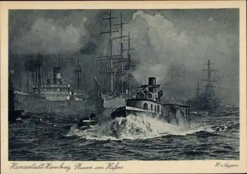 Ak Hamburg, Sturm im Hafen, Dampfschiff, Segelschiffe