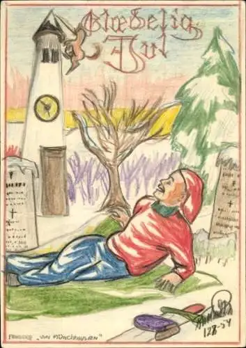 Handgemalt Ak Freiherr von Münchhausen, Pferd auf dem Kirchturm, Frohe Weihnachten