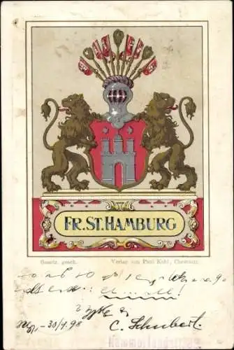 Wappen Ak Freie Stadt Hamburg, Stadtwappen, Großes Staatswappen, Löwen