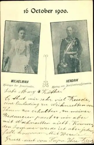 Ak Königin Wilhelmina der Niederlande, Prinz Hendrik, 16. Oktober 1900