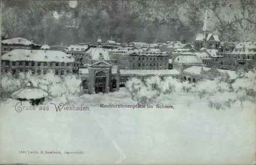 Mondschein Ak Wiesbaden in Hessen, Kochbrunnenplatz, Winteransicht