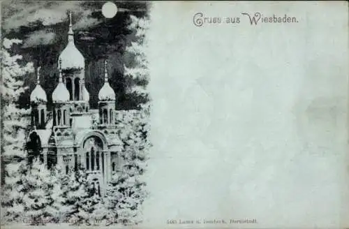 Mondschein Ak Wiesbaden in Hessen, Griechische Kapelle