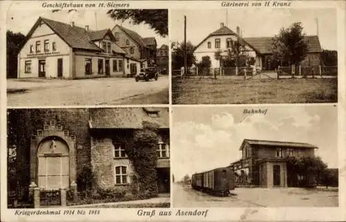 Ak Asendorf Landkreis Diepholz, Bahnhof, Gärtnerei H. Kranz, Kriegerdenkmal, Geschäftshaus Siemers