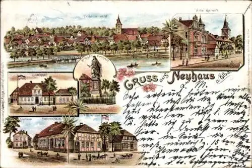 Litho Neuhaus an der Elbe, Totale, Villa Kampff, Kriegerdenkmal, Lindenhof, Pastorenhaus