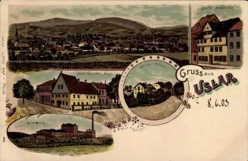 Litho Uslar im Solling Niedersachsen, Villen, Hotel Deutsches Haus, Zuckerfabrik