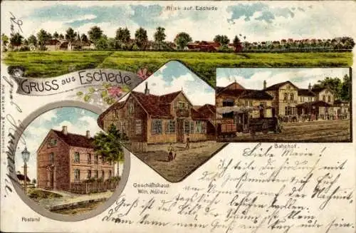 Litho Eschede in der Lüneburger Heide, Gesamtansicht, Postamt, Geschäftshaus Wilh. Müller, Bahnhof