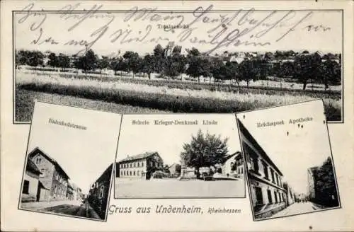 Ak Undenheim in Rheinhessen, Reichspost, Apotheke, Bahnhofstraße, Schule, Totalansicht