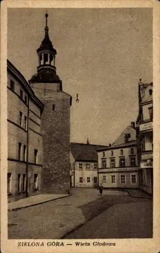 Ak Zielona Góra Grünberg Schlesien, Straßenpartie, Kirche