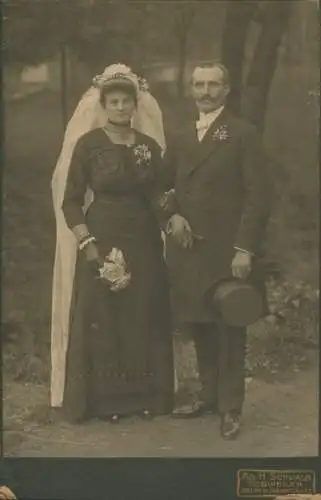 Kabinett Foto Guebwiller Gebweiler Elsaß Elsass Haut Rhin, Hochzeitspaar, Braut, Mann mit Zylinder