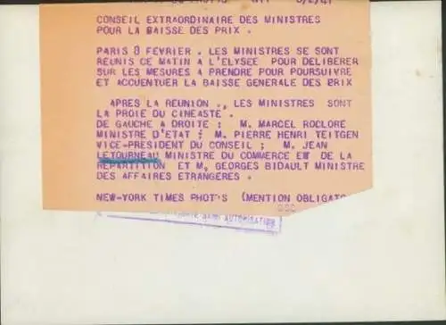 Foto Paris, Conseil Extraordinaire des Ministres pour la Baisse des Prix, Jean Letourneau