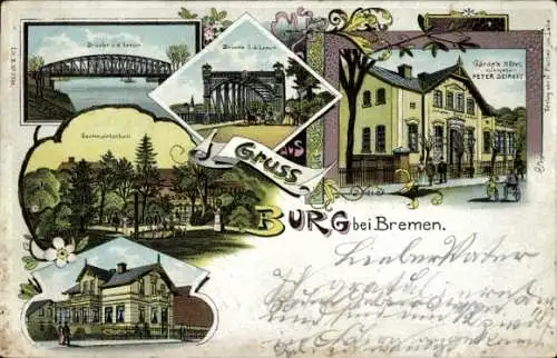 Litho Burg Grambke Burglesum Bremen, Gärde's Hotel, Brücke