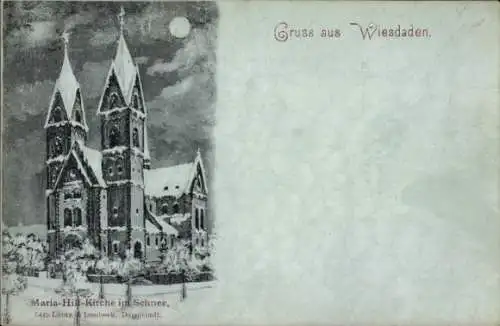 Mondschein Ak Wiesbaden in Hessen, Maria-Hilf-Kirche im Schnee