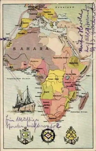 Landkarten Ak HAPAG, DOAL, C. Woermann, Dampfer, Schifffahrtslinien Afrika