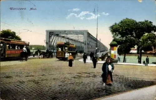 Ak Warszawa Warschau Polen, Most, Brücke mit Straßenbahnen, Passanten