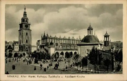 Ak Kraków Krakau Polen, Marktplatz, Rathaus, Tuchhalle, Adalbertkirche