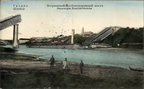 Ak Hrodna Grodno Weißrussland, Gesprengte Eisenbahnbrücke