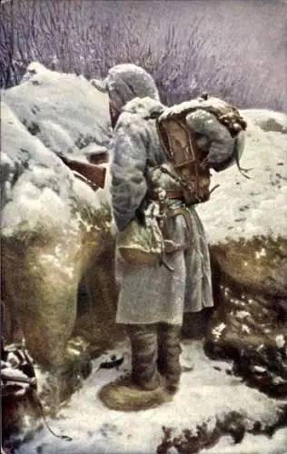 Künstler Ak Wachtposten im Schnee, Soldat, I. WK