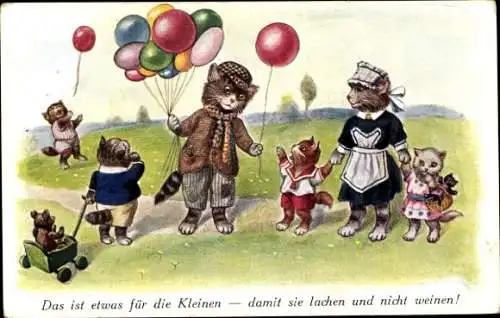 Ak Kater als Ballonhändler, Katze als Amme mit Kätzchen, vermenschlichte Katzen