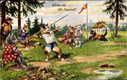 Künstler Ak Kaskeline, F., Katzen, Speerwerfen, Schön ist die Jugend