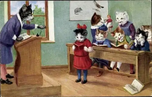 Ak Geteiltes Interesse, Vermenschlichte Katzen in der Schule, Lehrerin
