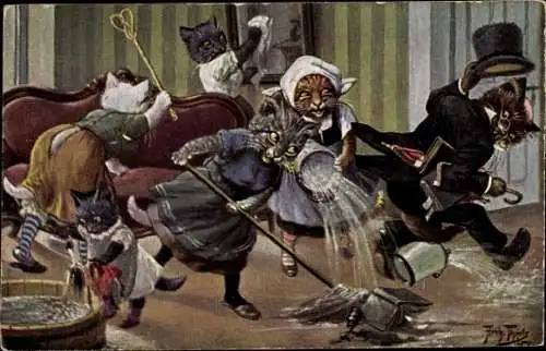 Künstler Ak Thiele, Arthur, Vermenschlichte Katzen beim Hausputz