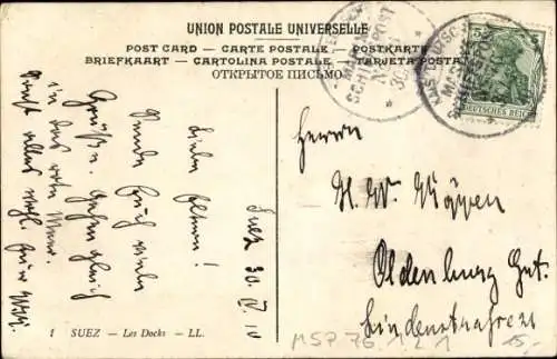 Ak Suez Ägypten, Hafenpartie, Stempel Marinepost MSP 76.1.2.1