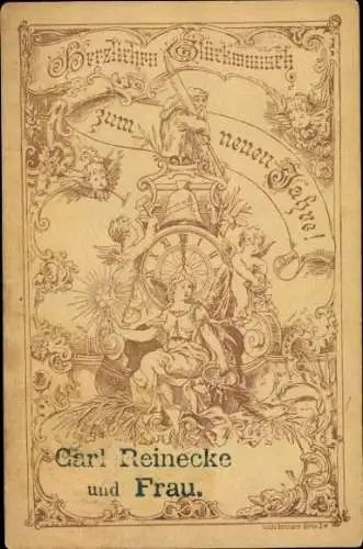 Litho Glückwunsch Neujahr, wünscht Carl Reinecke und Frau