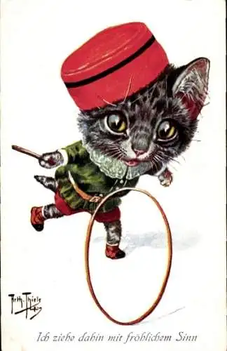 Künstler Ak Thiele, Arthur, Vermenschlichte Katze mit Reifen
