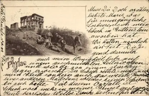 Ak Insel Philae Ägypten, Rast bei der Tempelruine