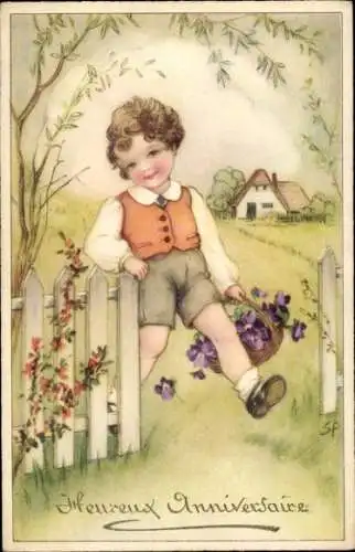 Künstler Ak Glückwunsch, Kind mit Blumenkorb, Gratulant