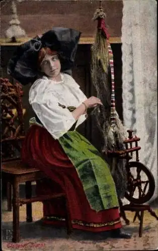 Ak Elsässer Trachten, Frau beim Spinnen, Spinnrad