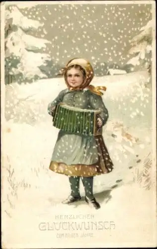 Ak Glückwunsch Neujahr, Mädchen spielt Harmonika, Schnee