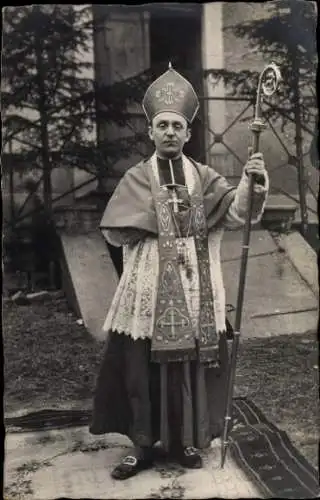 Foto Ak Französischer Bischof, Geistlicher, Mitra, Krummstab, Pektorale, Portrait